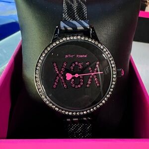 Betsey Johnson Black Zebra Time Amour XOXO watch